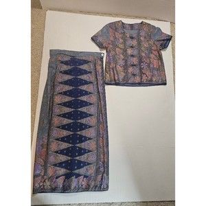 Vintage Handmade Two Piece 80S 90S Floral Top and Skirt Set Suit Short Sleeve
